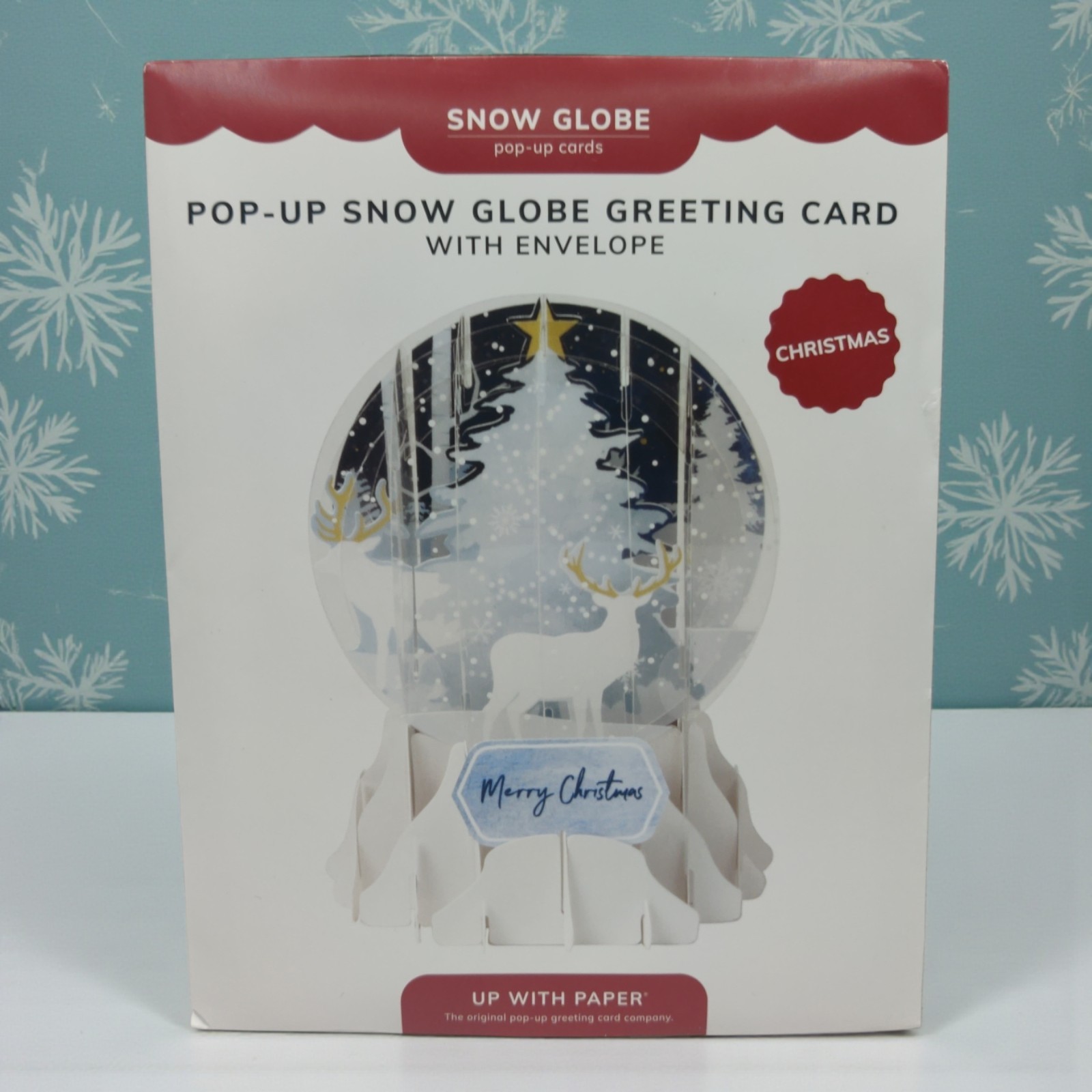 Pop Up 3D Snow Globe Greetings Christmas White Tree Deer Buck Greeting Card New