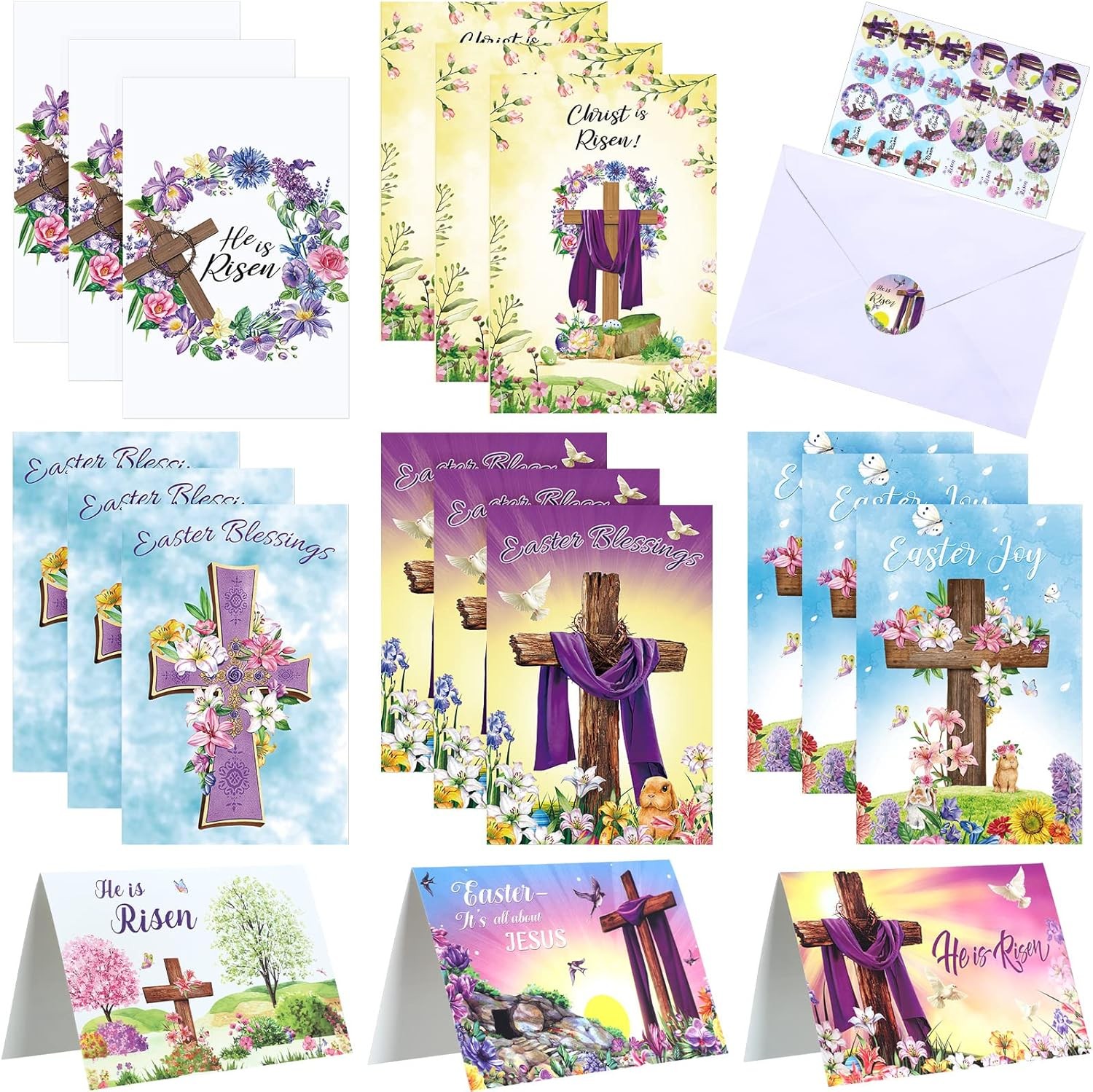 Easter Greeting Card Set with Envelopes and Stickers – 24 Religious Cards