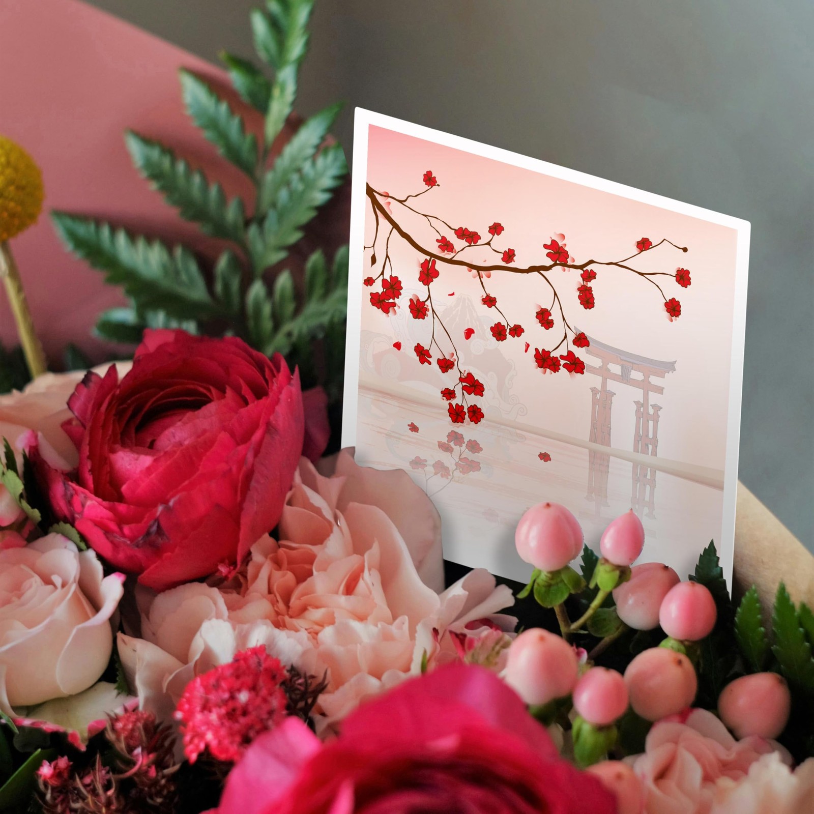 3dRose Japanese Sakura Red Cherry Blossoms 6×6 Greeting Cards Set of 12