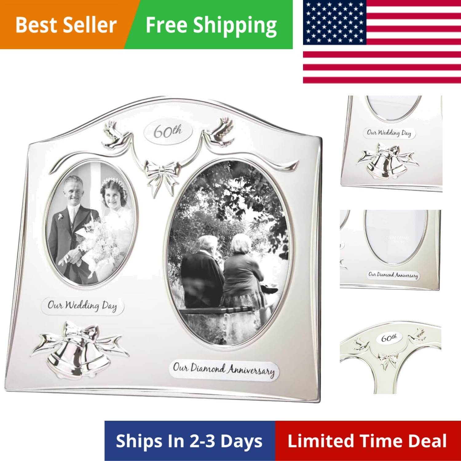 Traditional Two Tone Silver Plated 60th Diamond Anniversary Double Picture Fr…