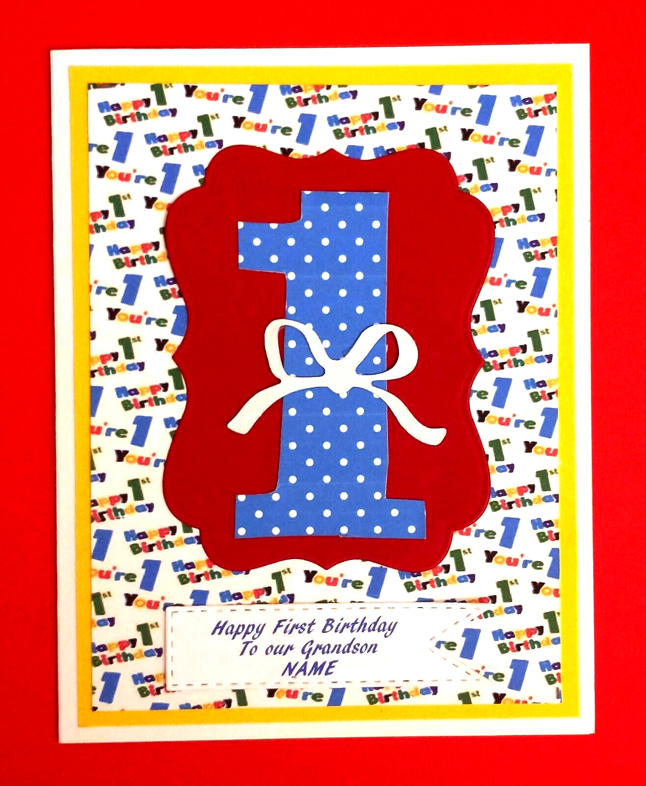 Grandson First Birthday Card with Personalized Name & choice of Verse Inside