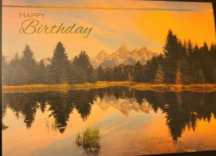Sunset – Mountains- Cedars – Lake Masculine Birthday Card – Made in USA