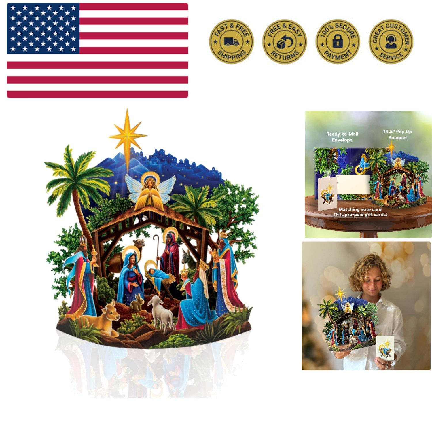 Pop Up Christmas Cards, 15 Inch Starlit Nativity, Pop Up 3D Greeting Cards, P…