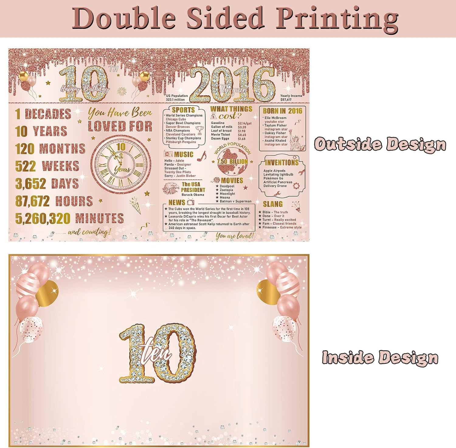 Large 10Th Birthday Card with Envelope for Girls, 2016 Pink Rose Gold Happy 10Th