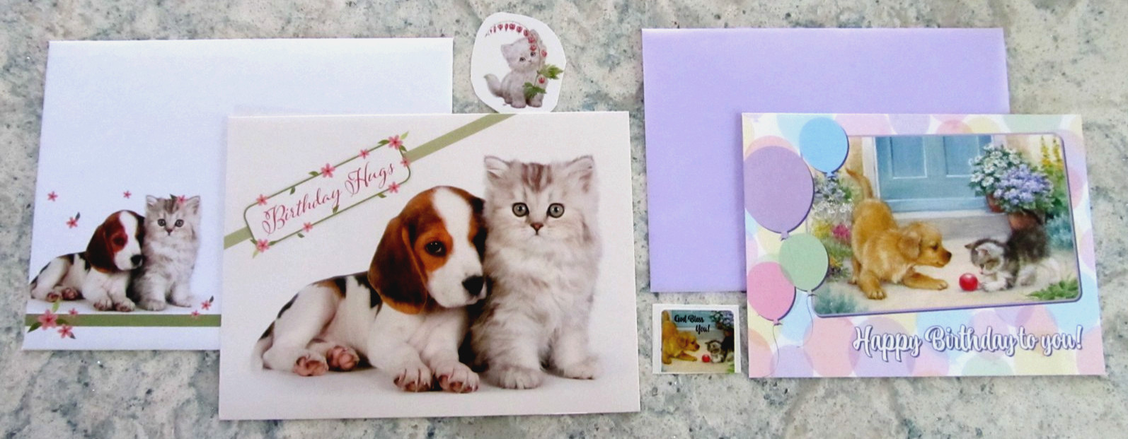 2 Birthday Greeting Cards, Envelopes & Env. Seals – Adorable Kittens & Puppies