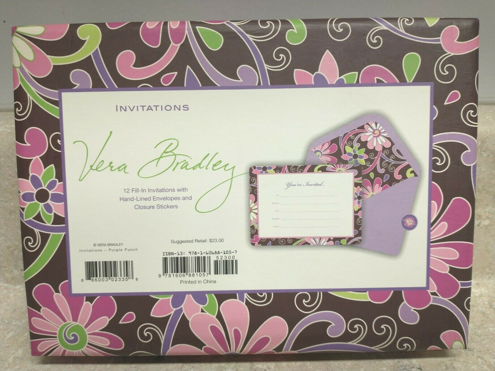 NIB Vera Bradley Purple Punch Invitations with Envelopes & Closure Stickers