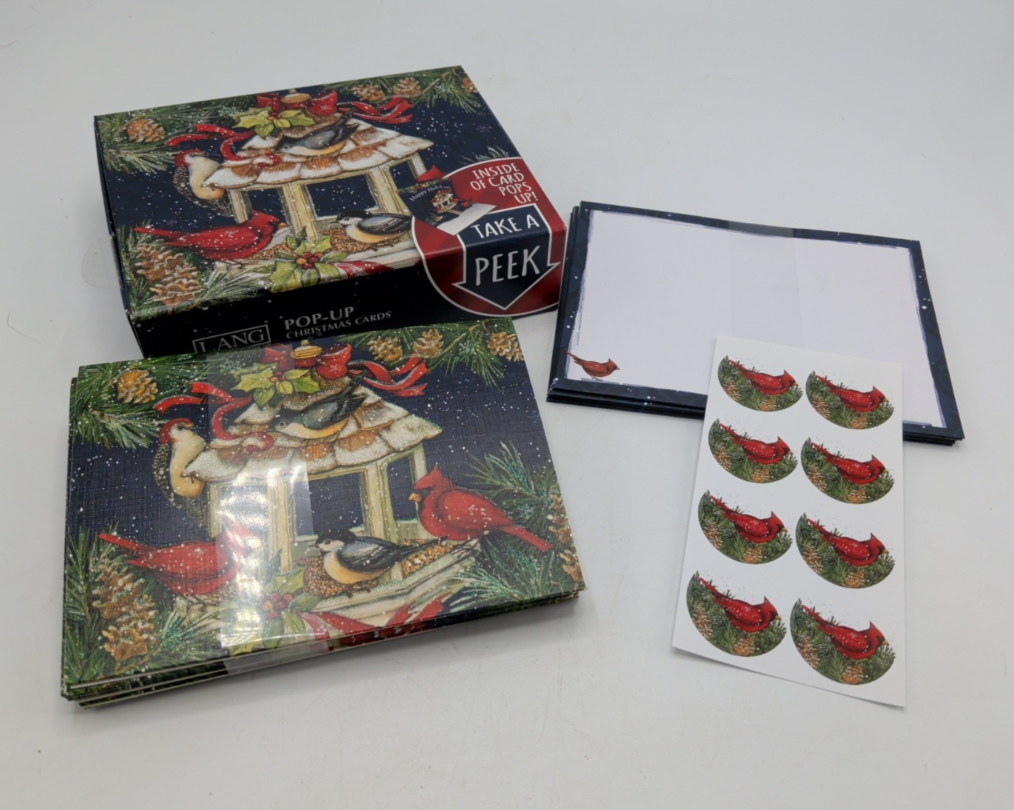 Bird Feeder Cardnial Pop Up Christmas Cards Set of 8 Stunning Design by LANG
