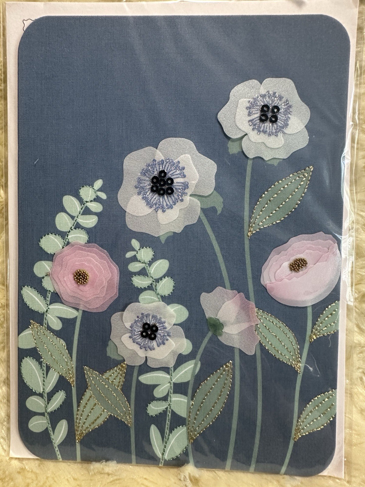 Papyrus BLANK Card All Occasion Vellum Flowers Stitched Leaves Sequins Beads