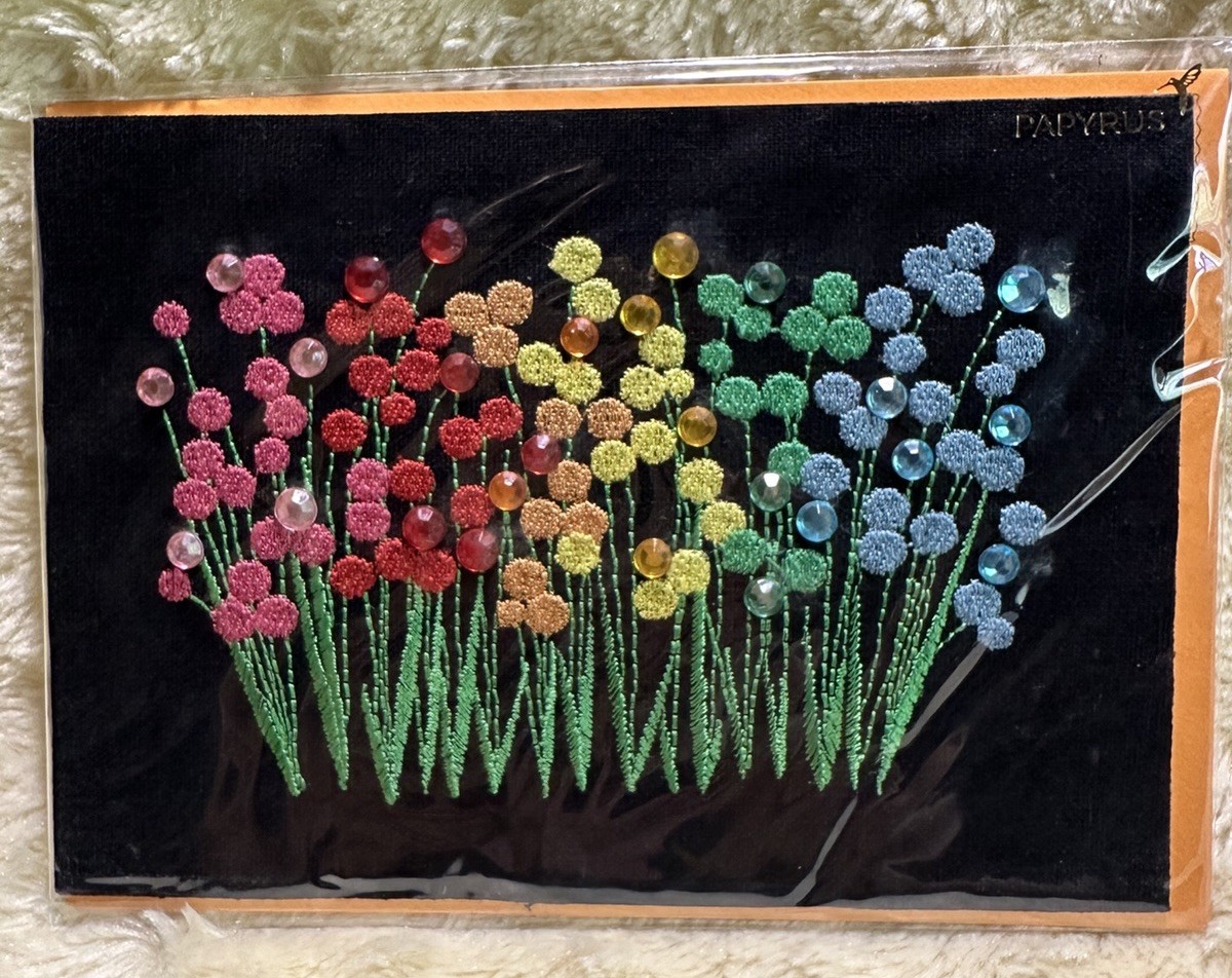 Papyrus BLANK Card All Occasion Embroidered Flower Stems Big Bling Jewels Lovely