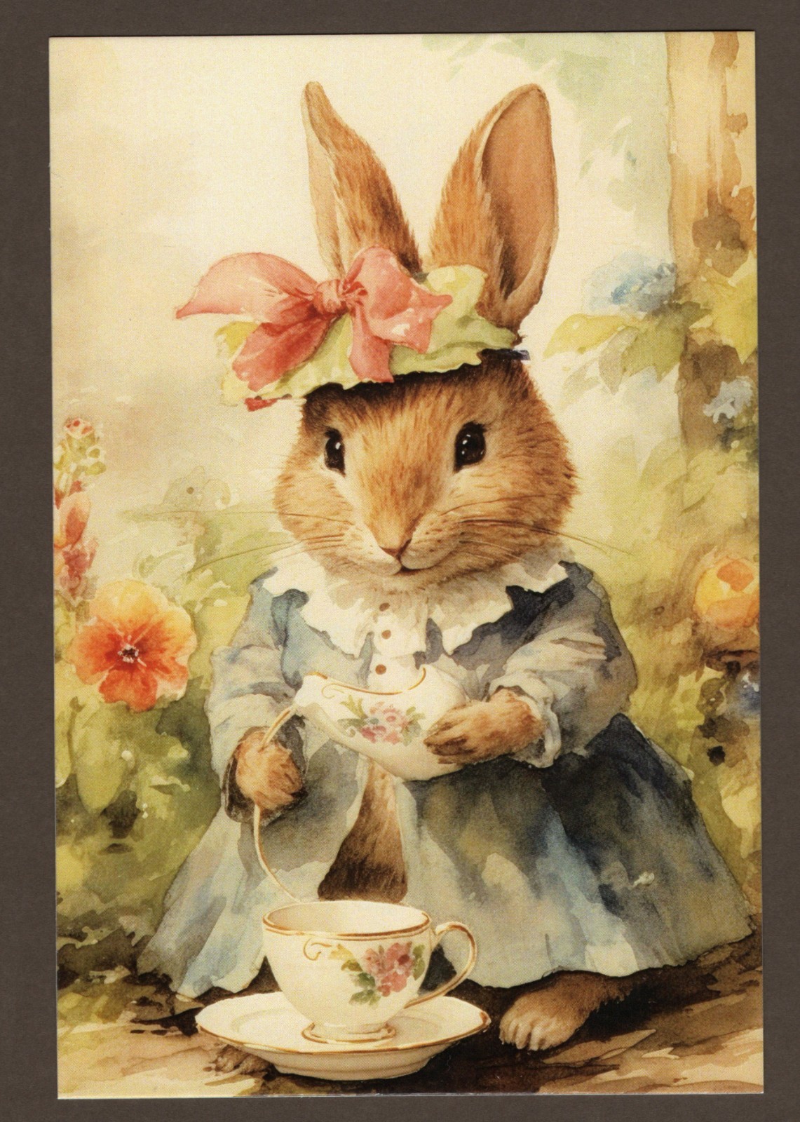 Brown Girl Bunny Rabbit Mini Art Print or Postcard, Easter, Tea Party Floral
