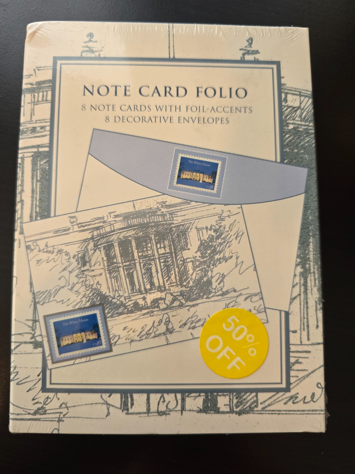 USPS White House Stamp Ensemble 8 Note Cards HALLMARK Blue Foil Vintage 2000 NEW
