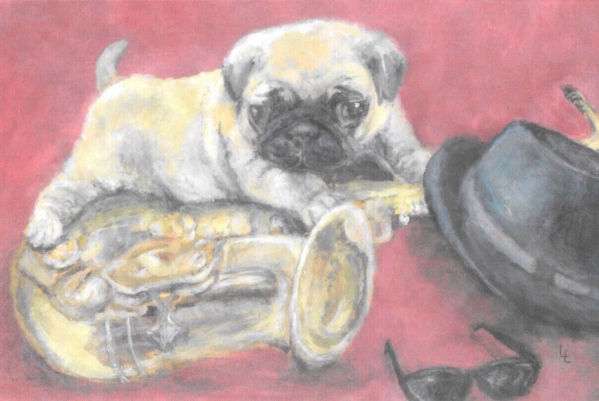 GOT THE PUG BLUES Music Dog Cute Pug Puppy Saxophone Jazz A/S Greeting Card