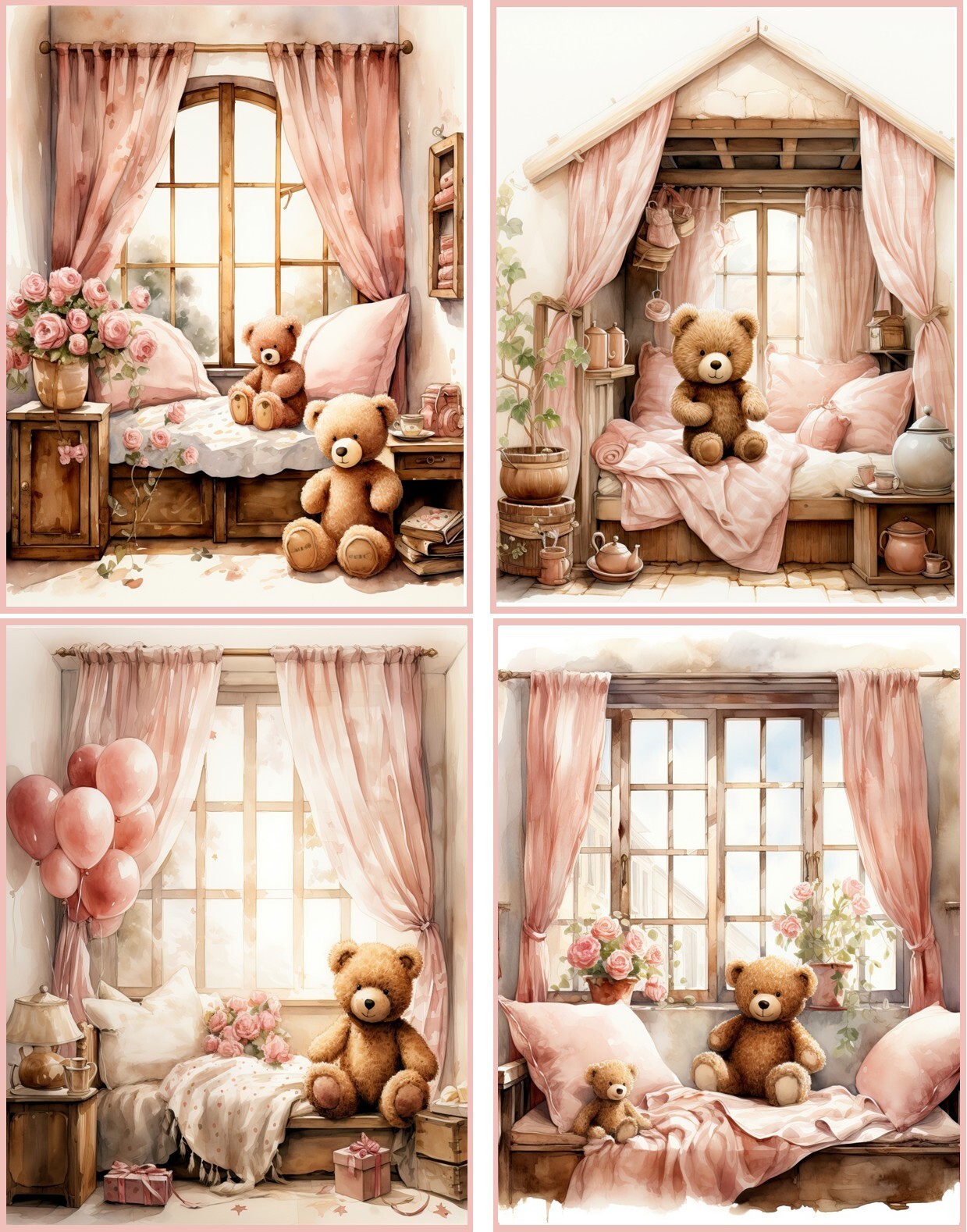 8 Teddy Bear Shabby Chic pink bedroom glossy blank fold out note card envelope