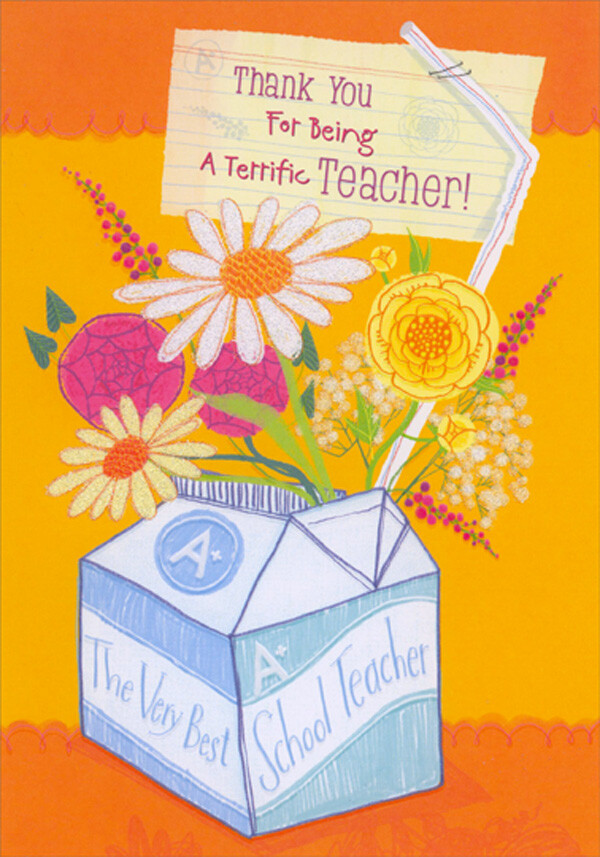 Milk Carton Flower Bouquet Teacher Appreciation / Thank You Card from Girl