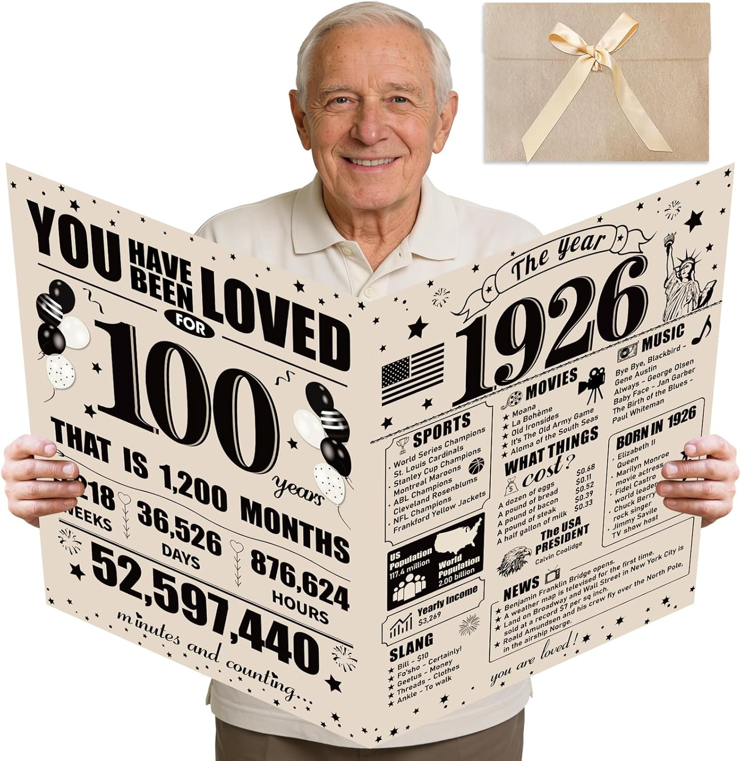 Turypaty Large Vintage 100Th Birthday Card with Envelope for Men Women, 1926 Fun