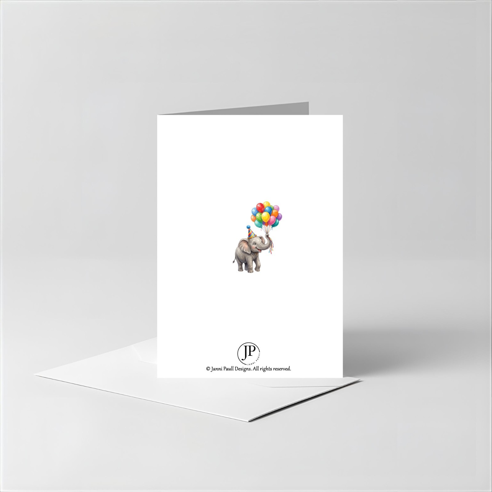 Whimsical Birthday Card, Elephant, Birthday Hat with Balloons, 5″ x 7″
