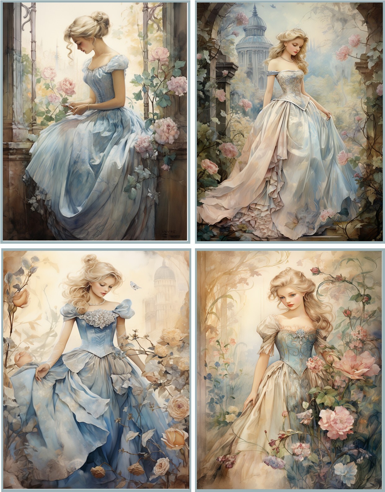 8 CINDERELLA FANTASY FAIRYTALE VINTAGE GLOSSY BLANK FOLD OUT CARD W/ENVELOPES