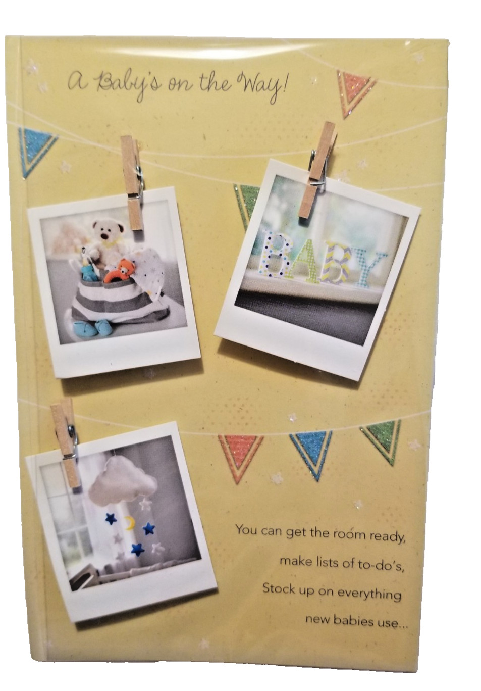 Expecting New Baby Greeting Card 3-D Clothsline Photos Unisex Pregnancy Congrat