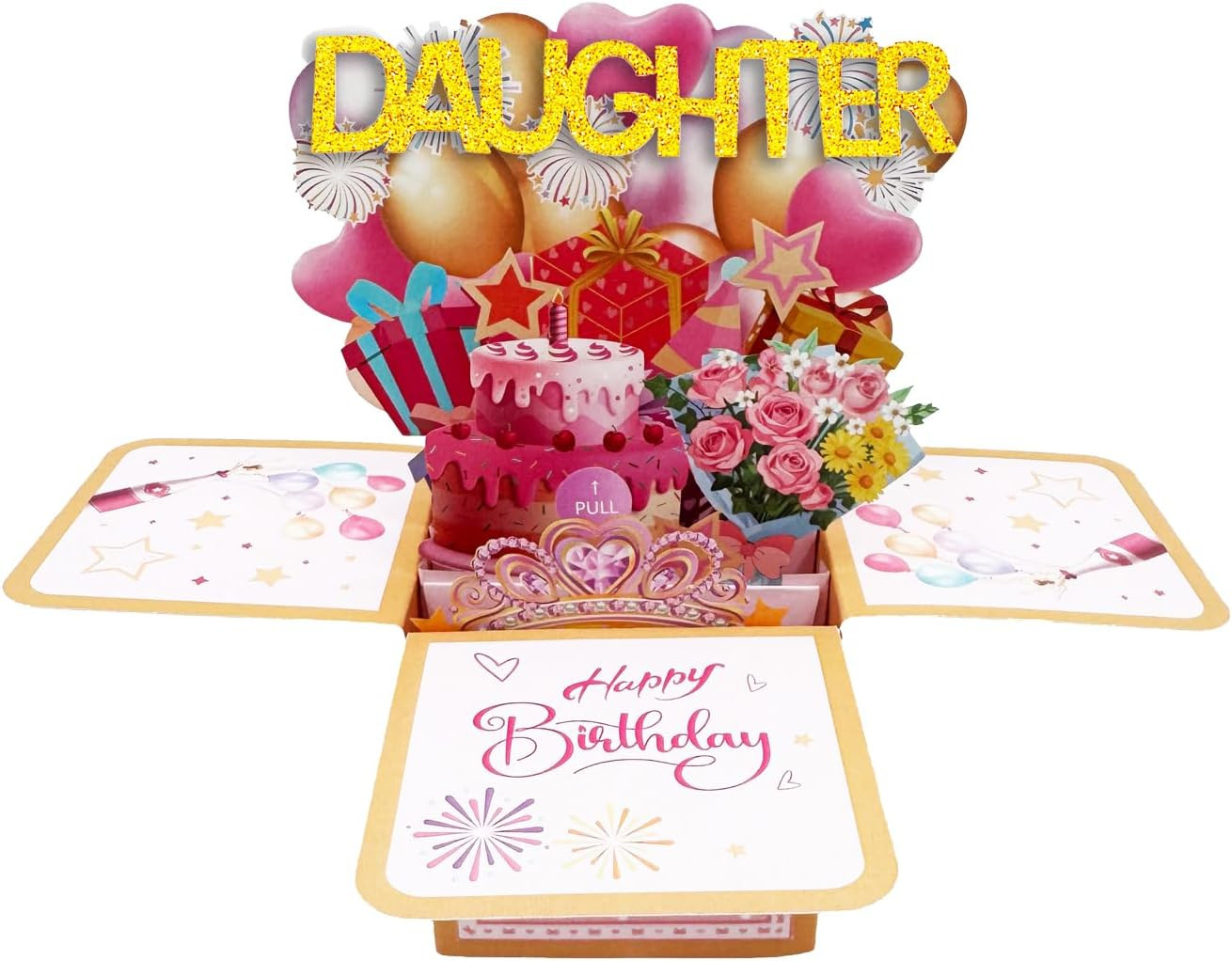 Birthday Card for Daughter, 3D Pop up Pink Exploding Box with Cake, Flowers & Pu