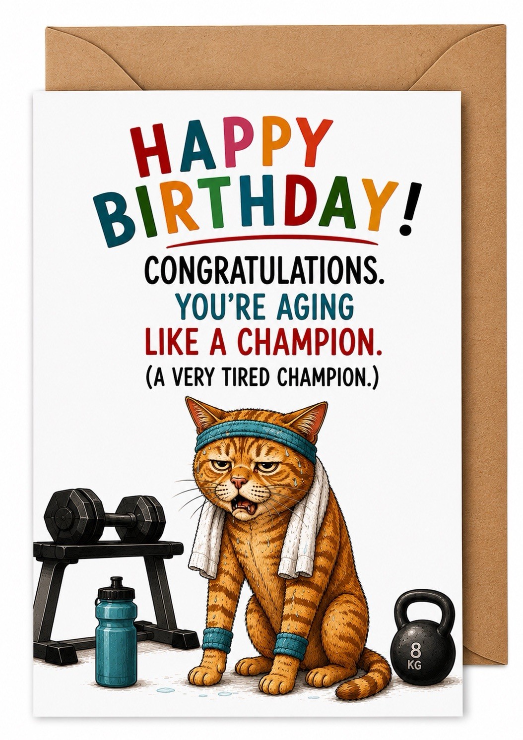 Funny Cat Birthday Card Aging Like A Champion Tired Champion Gym Humor Card