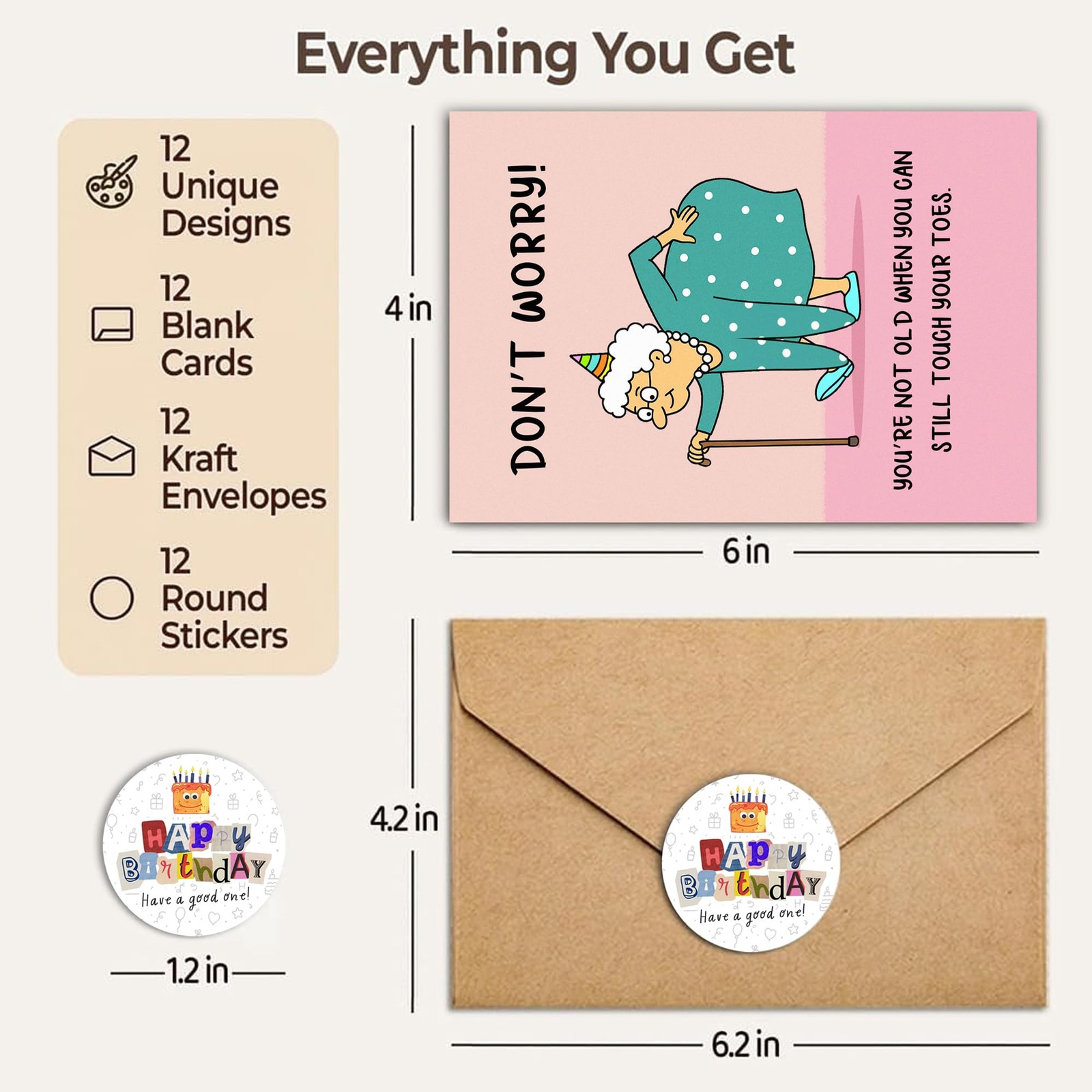 Funny Birthday Cards for Women (12 Pack) – Hilarious Greeting Card Set with Enve