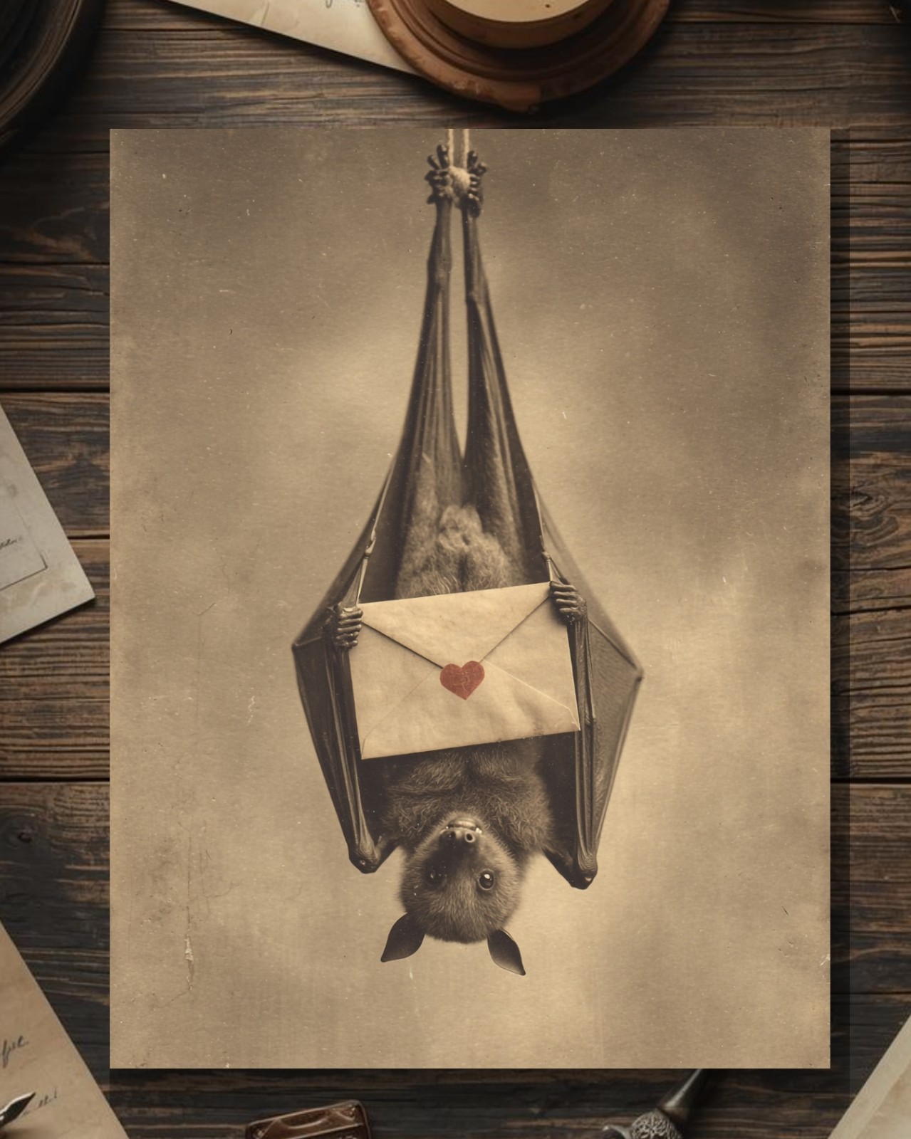 Vintage Victorian Bat With Love Letter Gothic Love Valentine Card Blank Inside