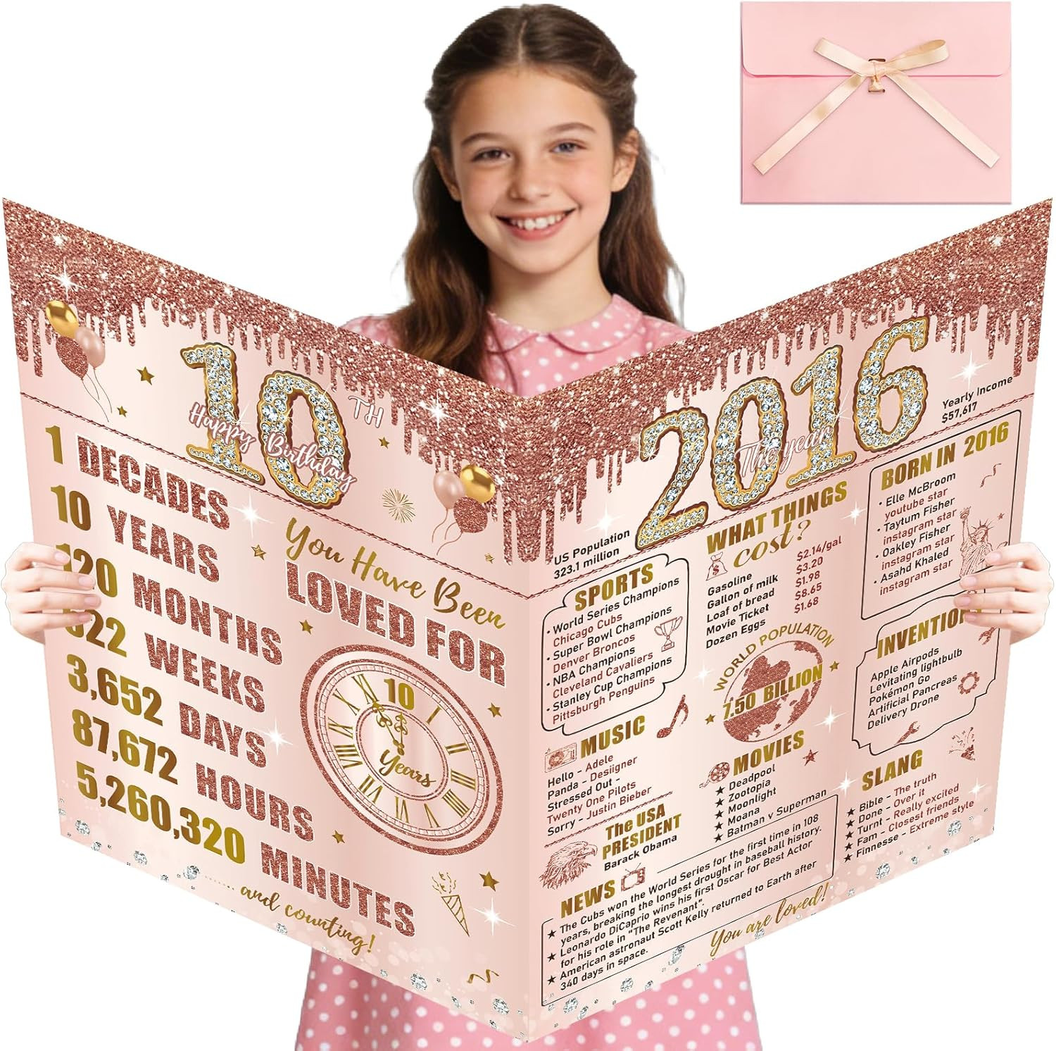 Large 10Th Birthday Card with Envelope for Girls, 2016 Pink Rose Gold Happy 10Th