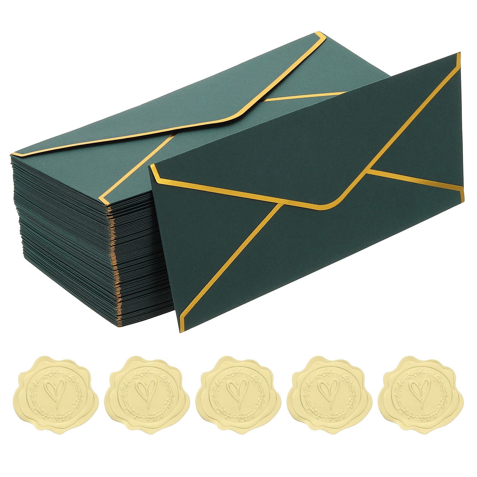 4 1/8 x 9 1/2 Inch Envelopes with Gold Border, 100 Pack V Flap, Dark Green