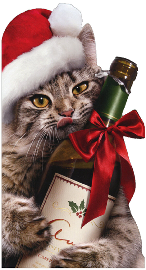 Avanti Press Cat with Wine Bottle Little Big Funny Christmas Card