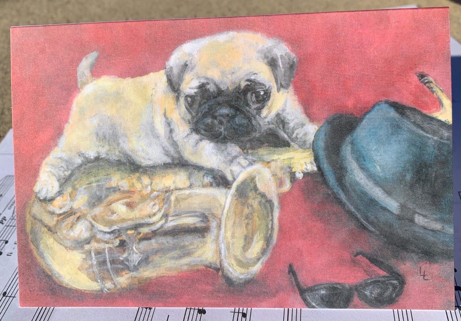 GOT THE PUG BLUES Music Dog Cute Pug Puppy Saxophone Jazz A/S Greeting Card