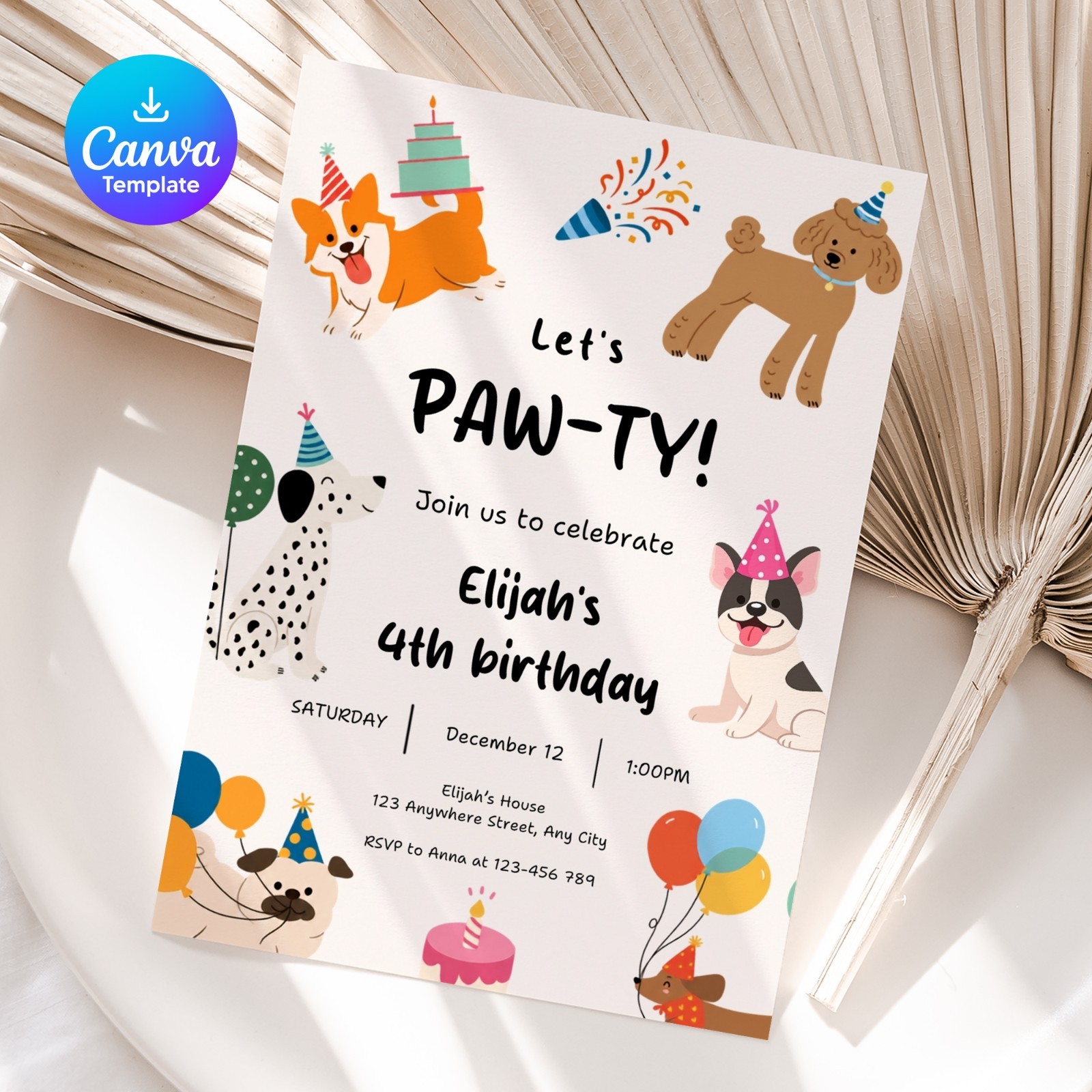 Dog Pawty Birthday Invitation Editable Canva Template Puppy Party Invite 5×7