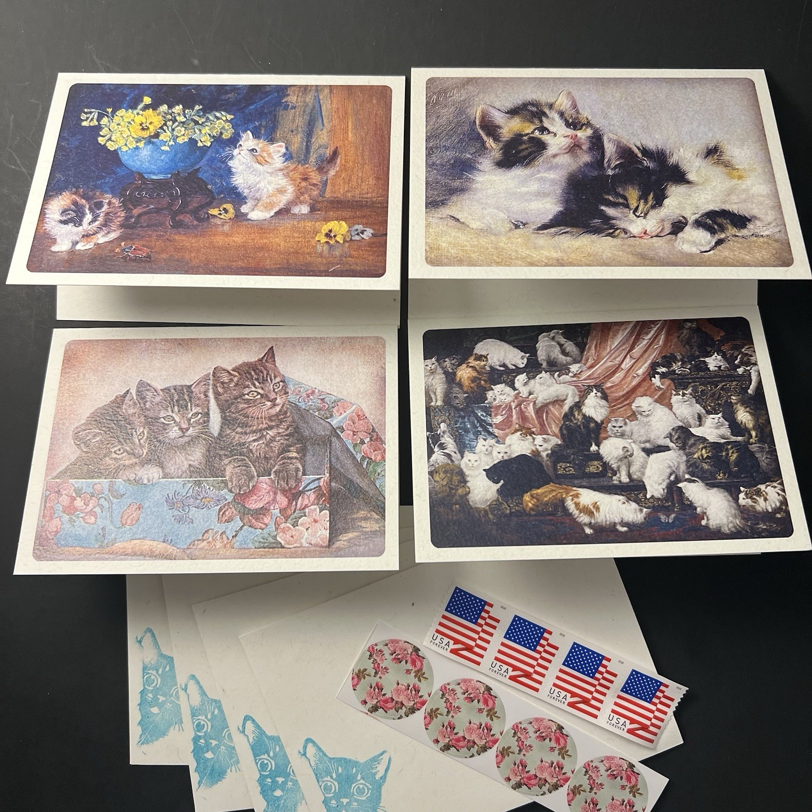 Set of 4 Vintage Nostalgic Cute Kittens BLANK Notecards w/Env/Seals/Stamps