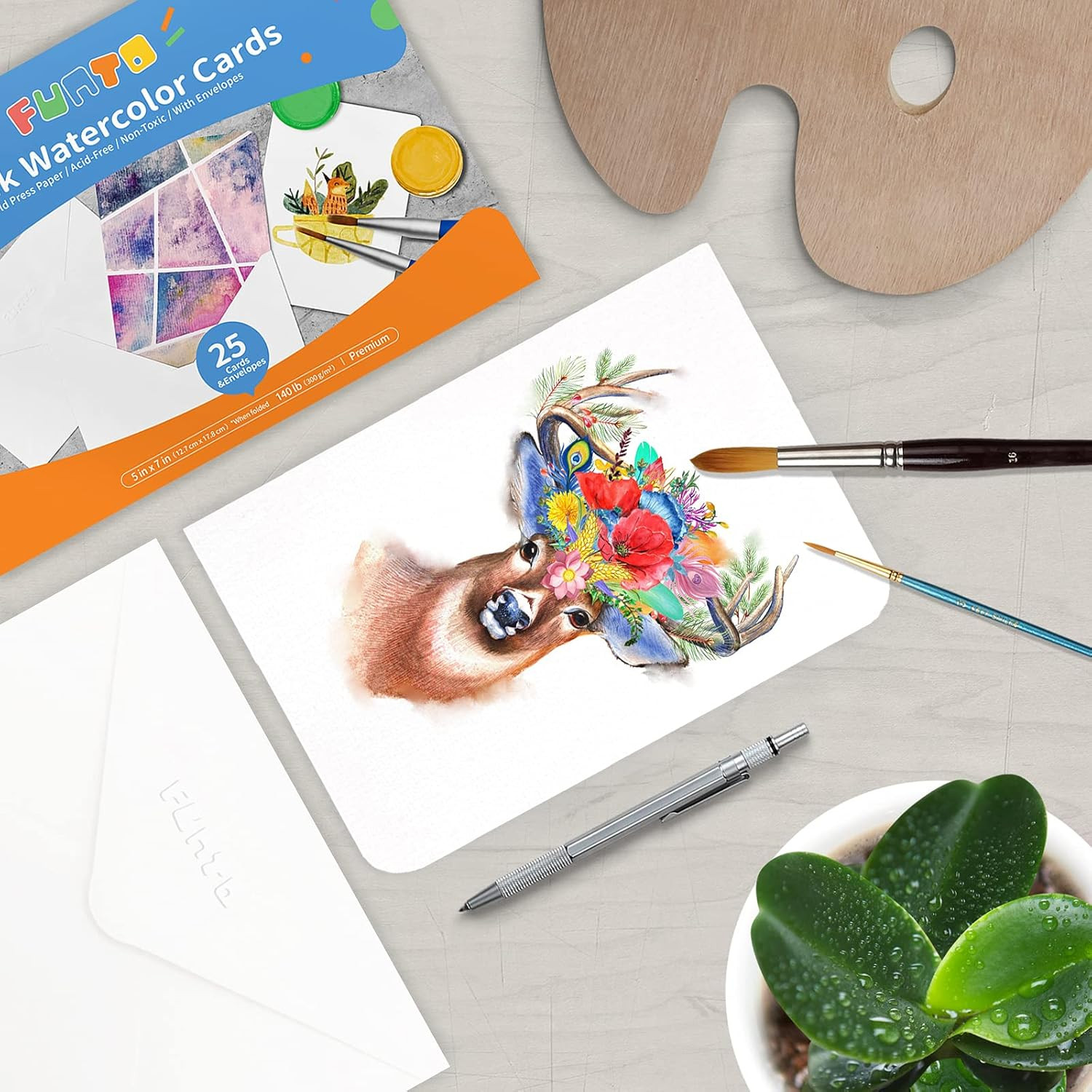 Funto Blank Watercolor Cards and Envelopes, 50 Cards, 5×7”, 140lb/300gsm, White