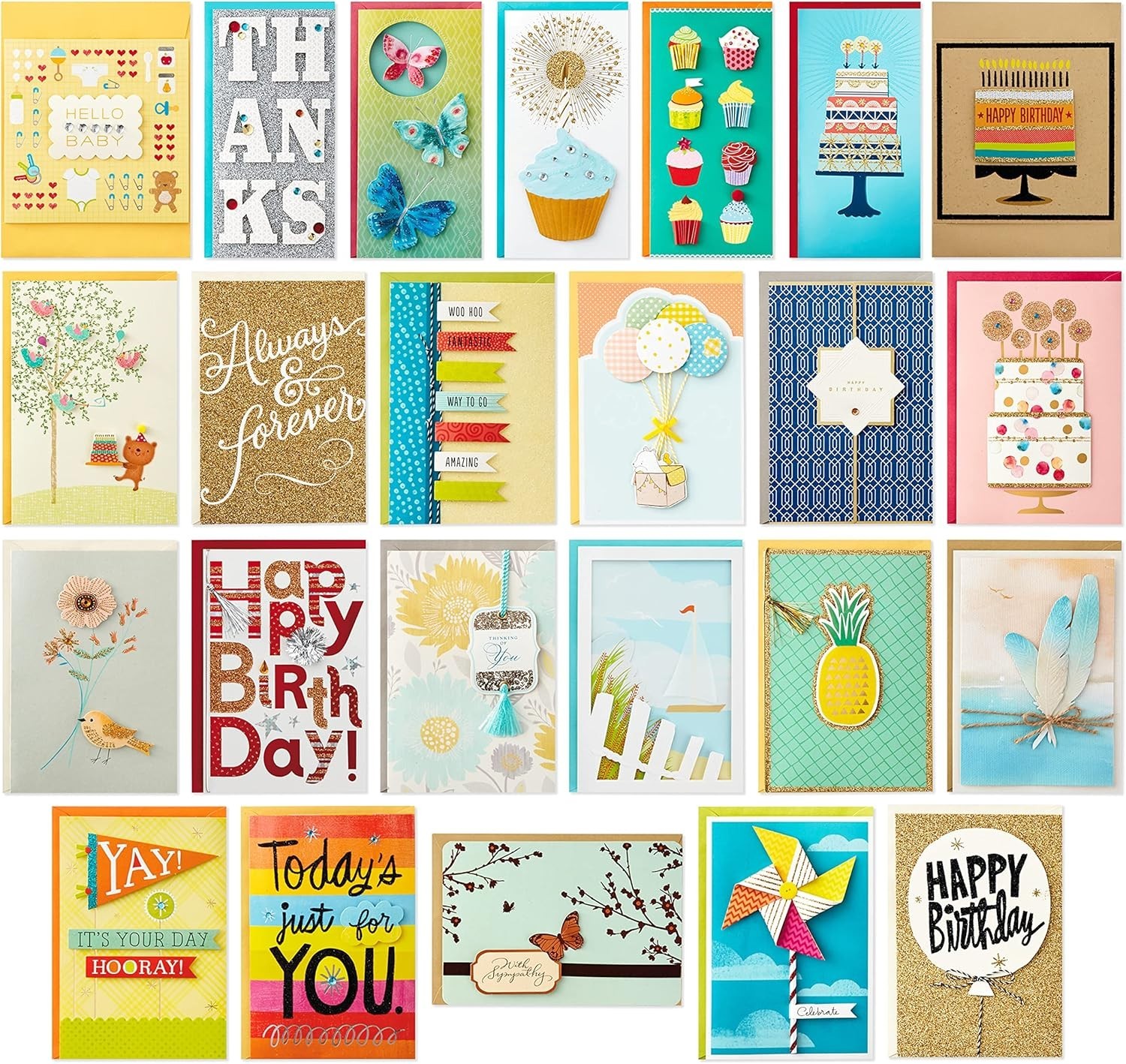 Assorted Birthday, Baby, Wedding Cards – Pack of 24