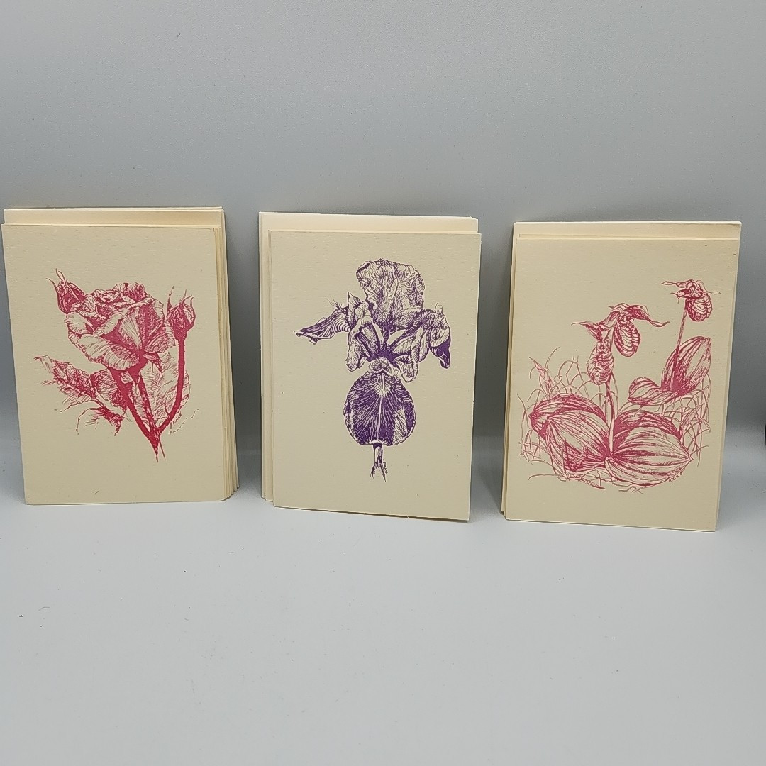 12 Printed Floral Notecards Botanical Art Stationary Cards Artist Vtg Signed