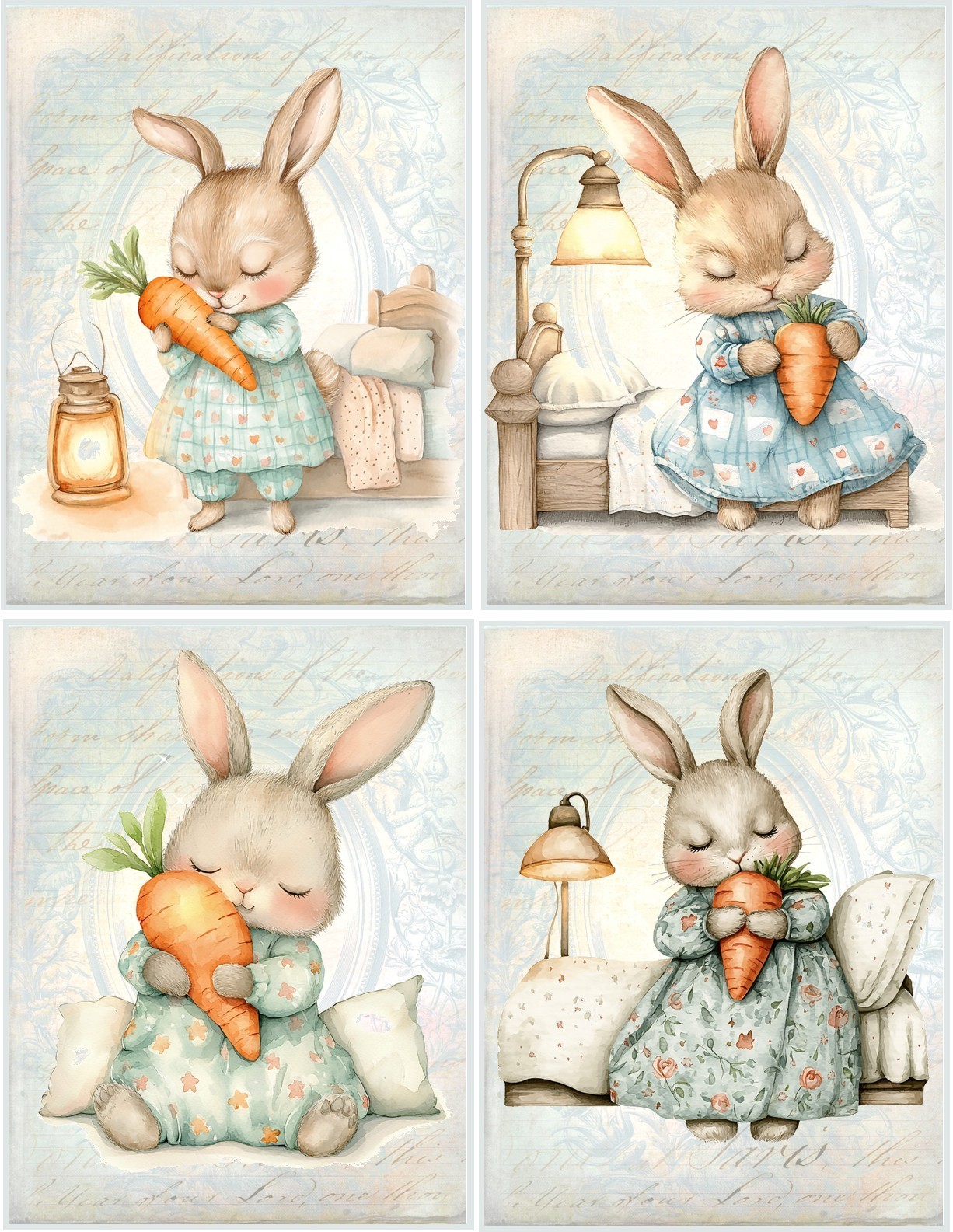 8 Bunny Rabbit Fantasy Shabby Chic carrot pillow glossy blank fold out Note Card