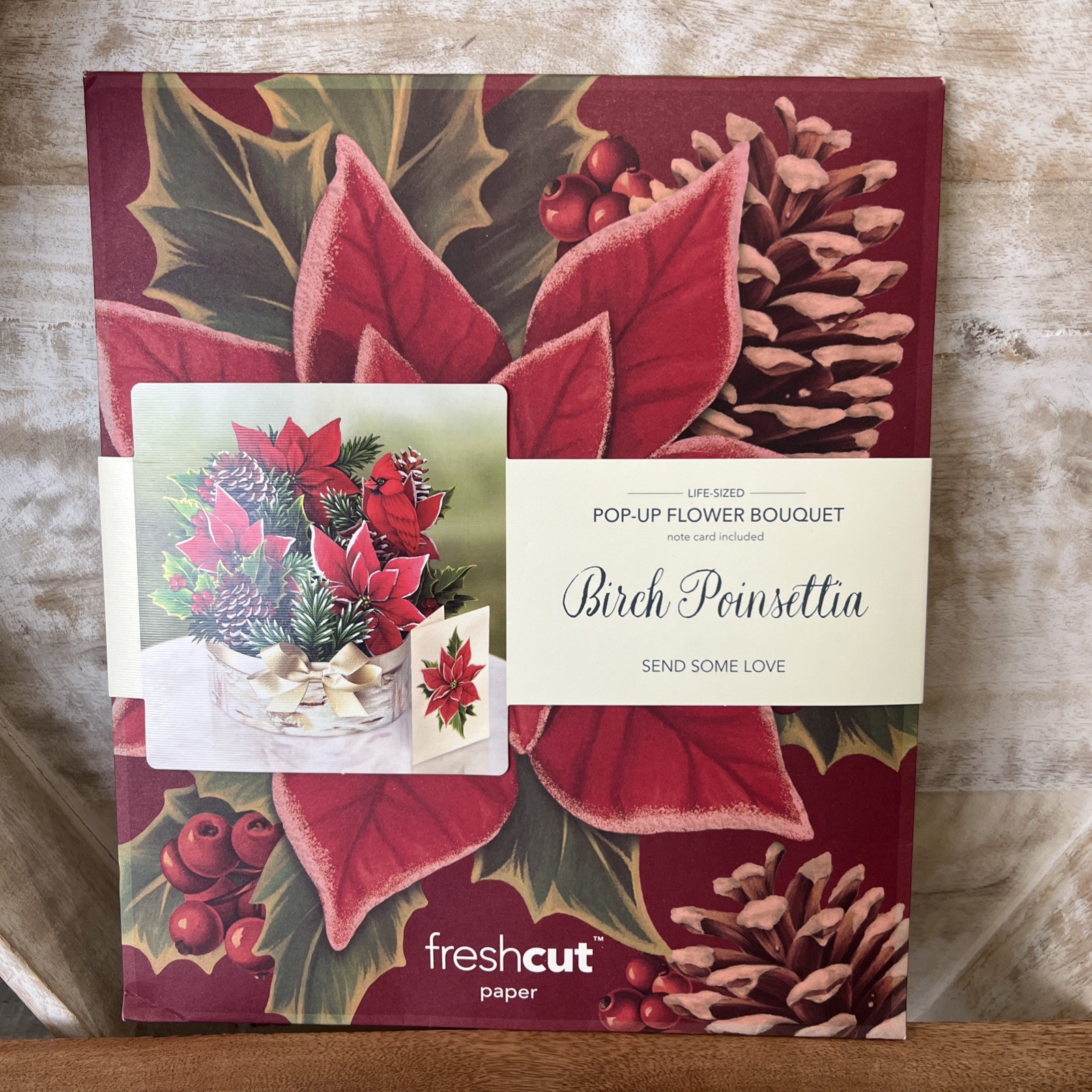Paper Birch-Poinsettia Red Bird pop-up flower bouquet, life-size Card Unique