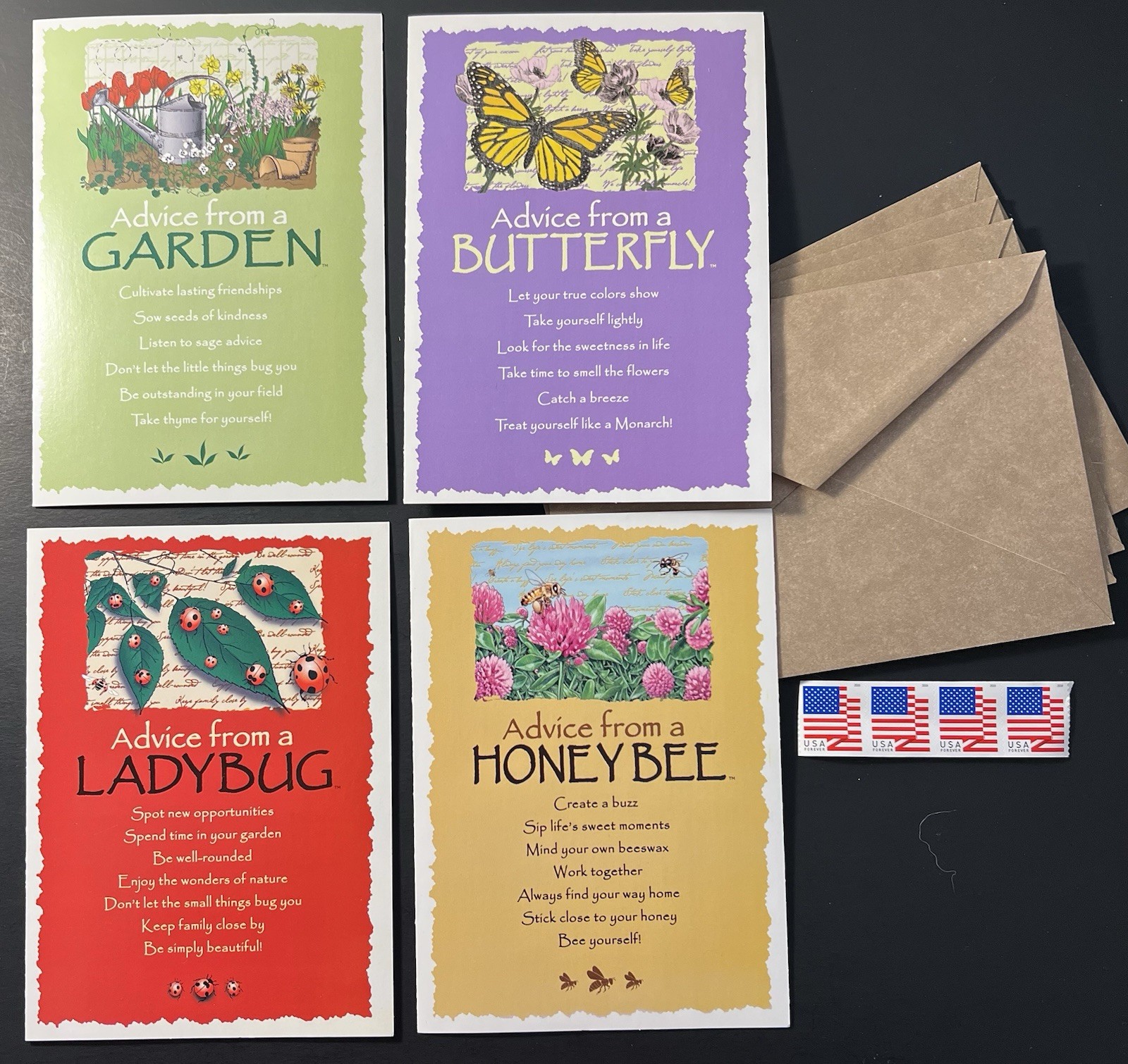 4 Advice from Garden Cards Env/Stamps Full Color Interior butterfly bee ladybug