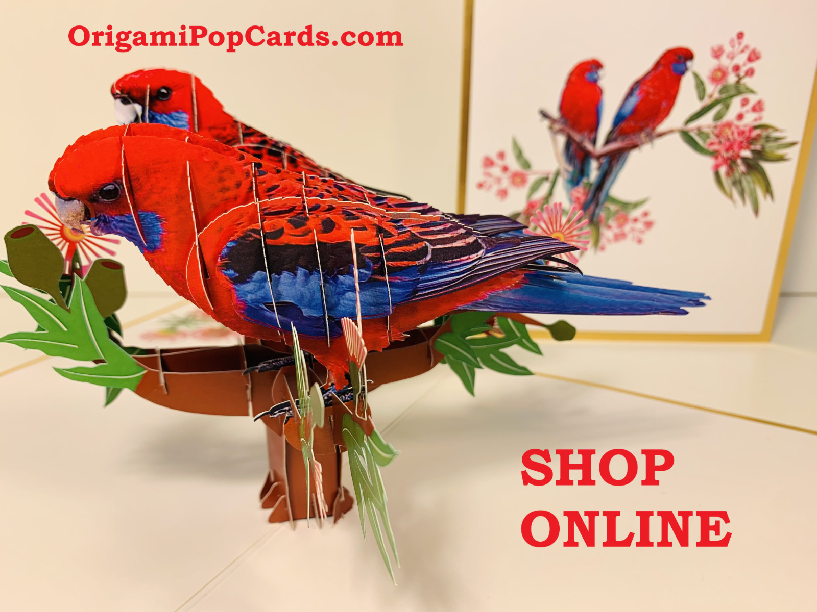 Origami Pop Cards LUXURY GOLD Couple Crimson Rosella Parrot 3D Happy Birthday