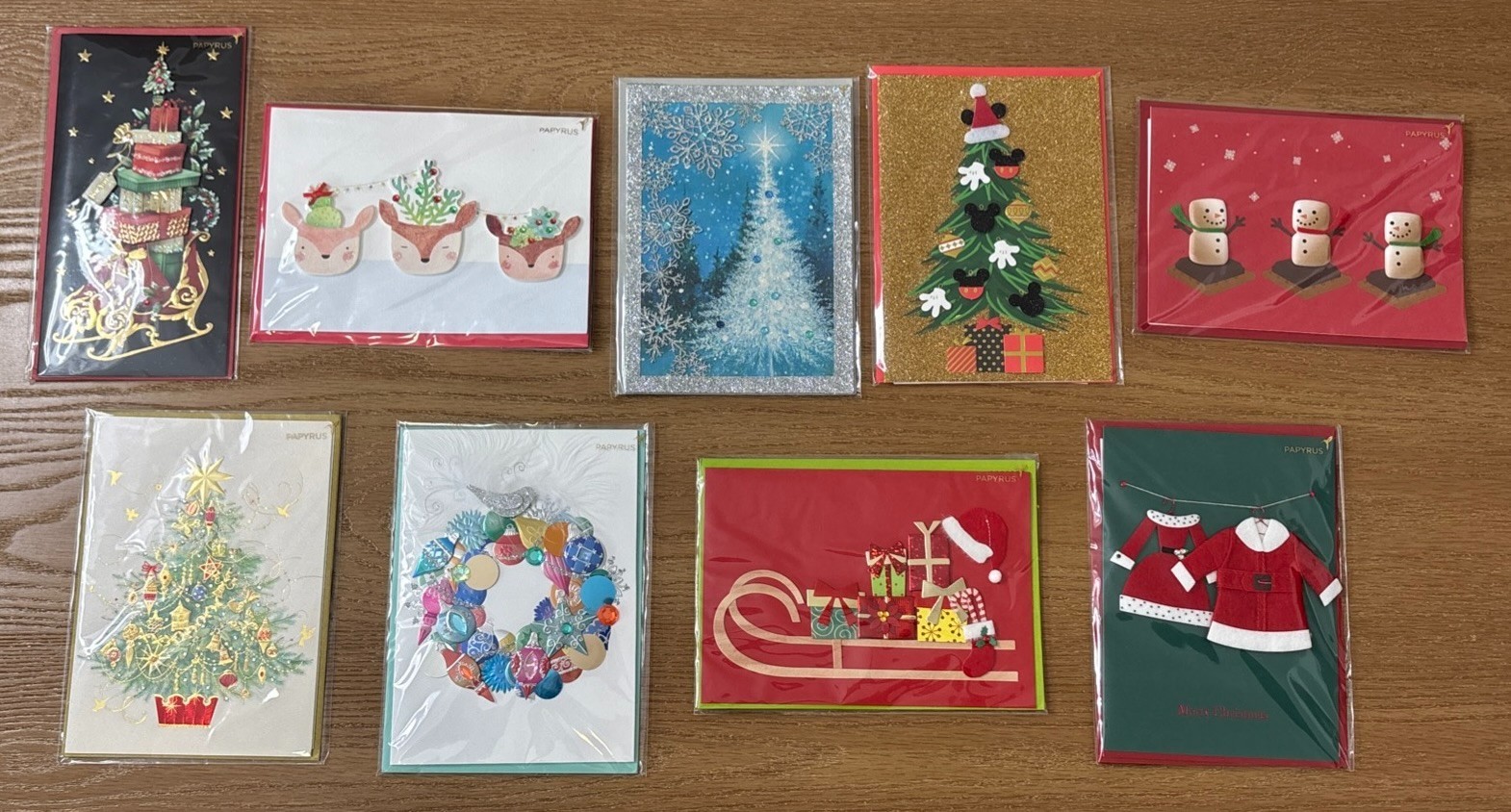 Lot of 9 PAPYRUS Christmas Cards Assorted w/DISNEY Glitter Foil Envelopes NEW