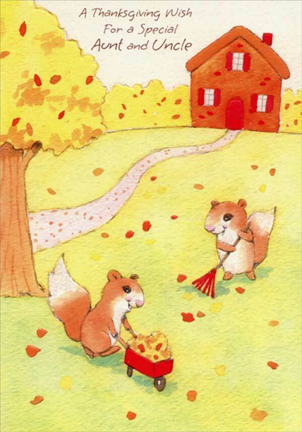 Two Cute Squirrels Raking Leaves Juvenile Thanksgiving Card for Aunt and Uncle
