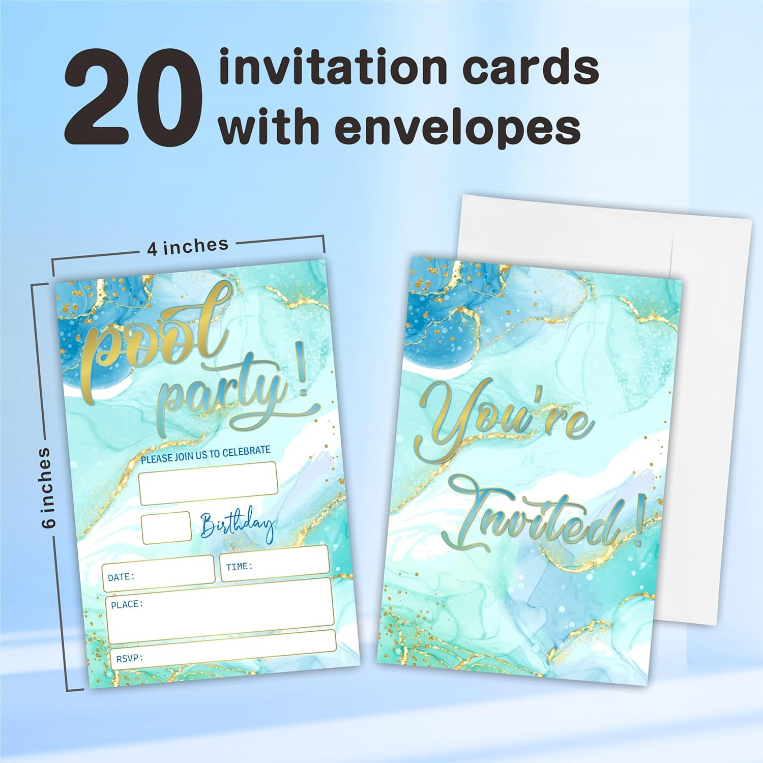 Pool Party Birthday Invitations(4″X 6″), Gold & Blue Double-Sided Invites, Kids