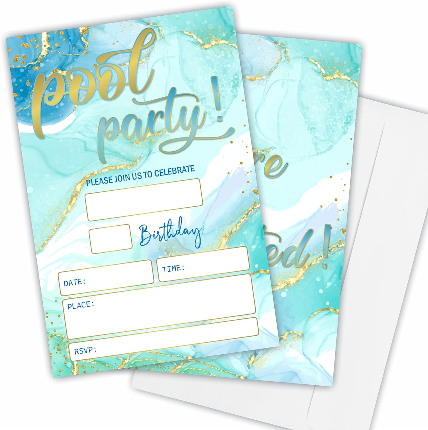 Pool Party Birthday Invitations(4″X 6″), Gold & Blue Double-Sided Invites, Kids