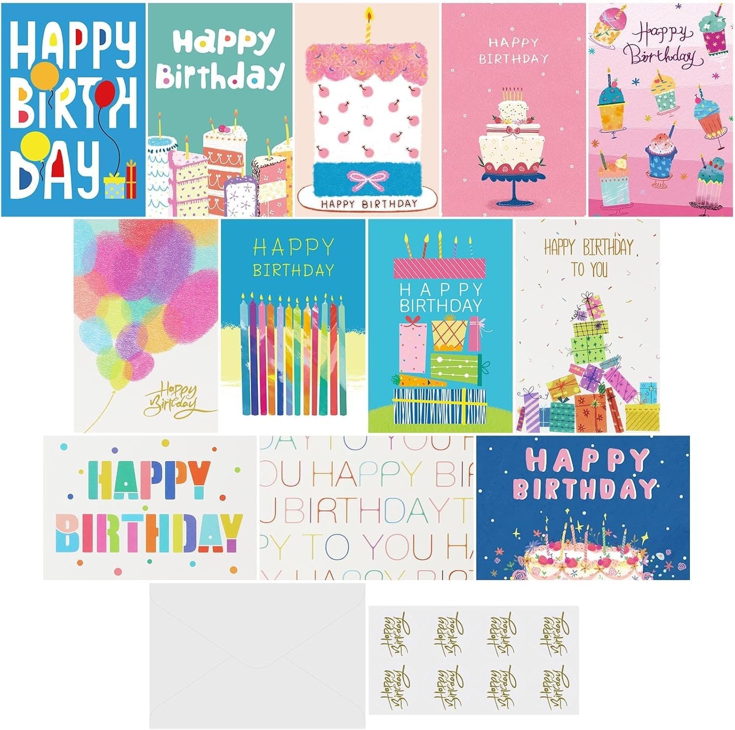 Oletx 12 Pcs Happy Birthday Cards with Envelopes, 4×6 inches, Colorful