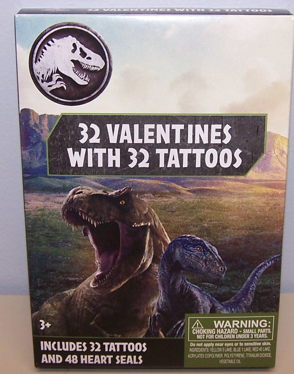 Valentines Day Exchange Cards Jurassic World (Box of 32) With Tattoos