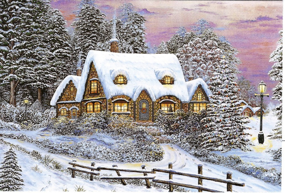 Unused Christmas Greeting Card, Snowy Cottage Scene, Iwao Adachi MFPAUSA New