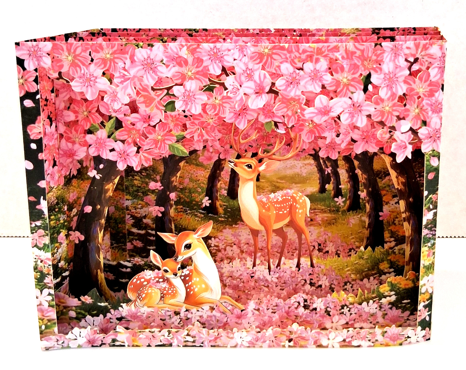 3D Pop Up Greeting Card Envelope Forest Tree Deer Pink Floral