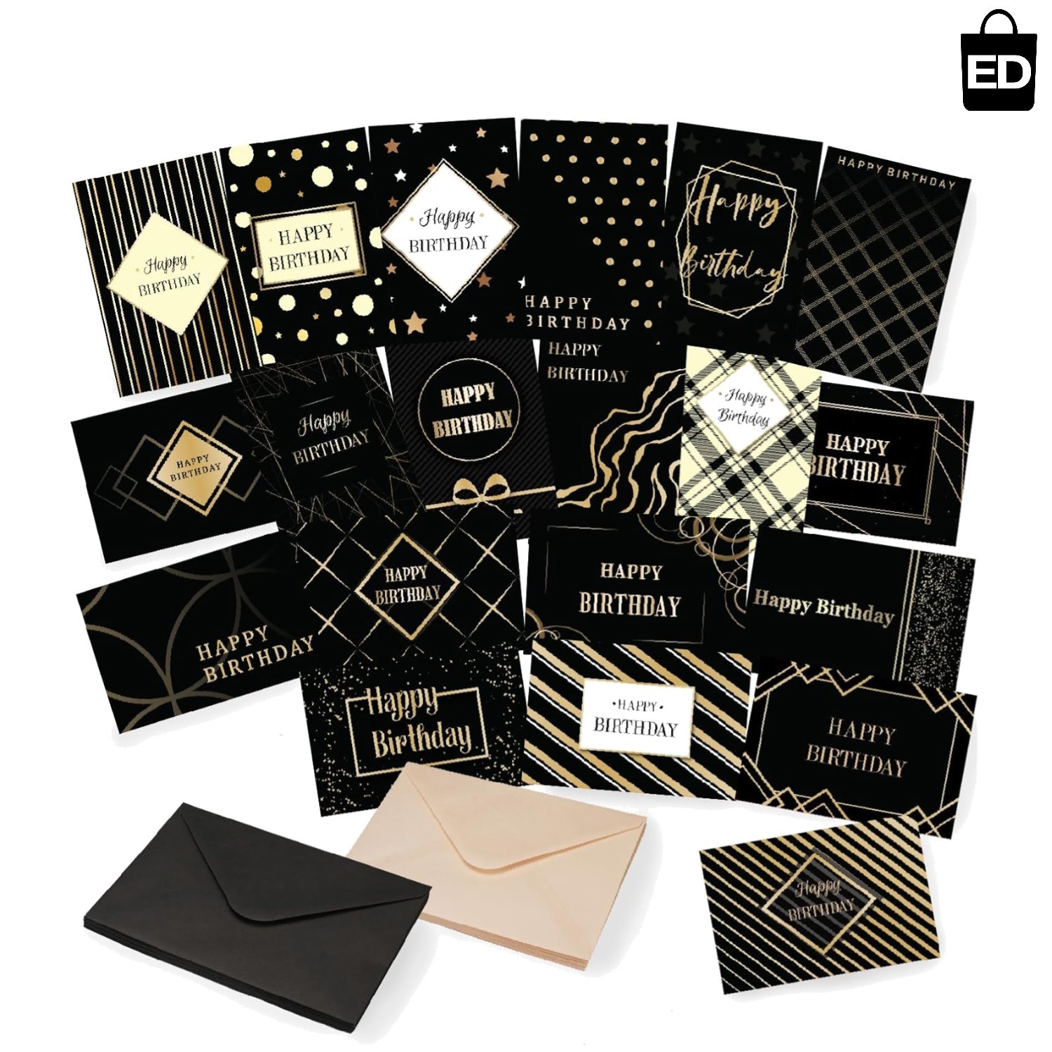 Black and Gold Foil Birthday Cards – 20 Pack, Blank for Personal Messages