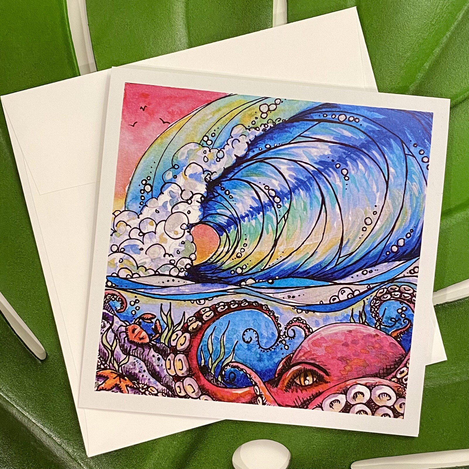 Ocean Octopus Beach Surf Blank greeting card Oregon California Hawaii Washington