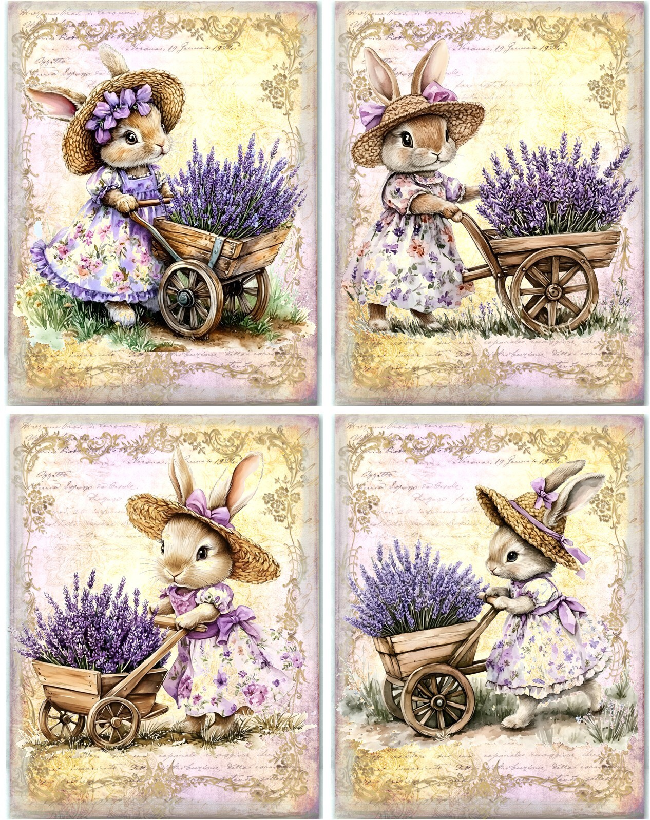 8 BUNNY RABBIT LAVENDER FLOWERS VINTAGE BLANK GLOSSY FOLD OUT CARD W/ENVELOPES